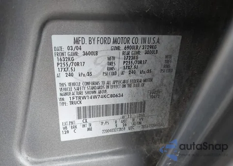 2004 Ford F-150 Xlt из США, поврежденный, VIN 1FTRW14W74KC80634